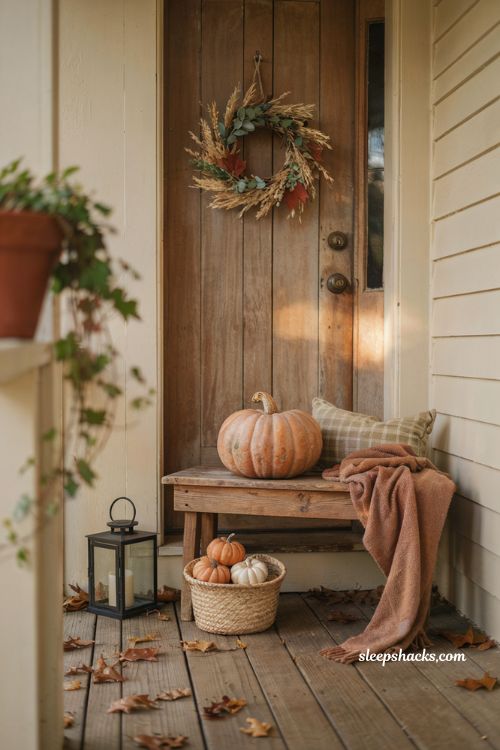 Simple small front porch fall decor with cozy bench and pumpkin