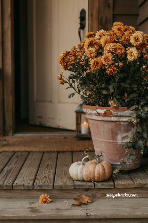 Simple small front porch fall decor with golden orange mums