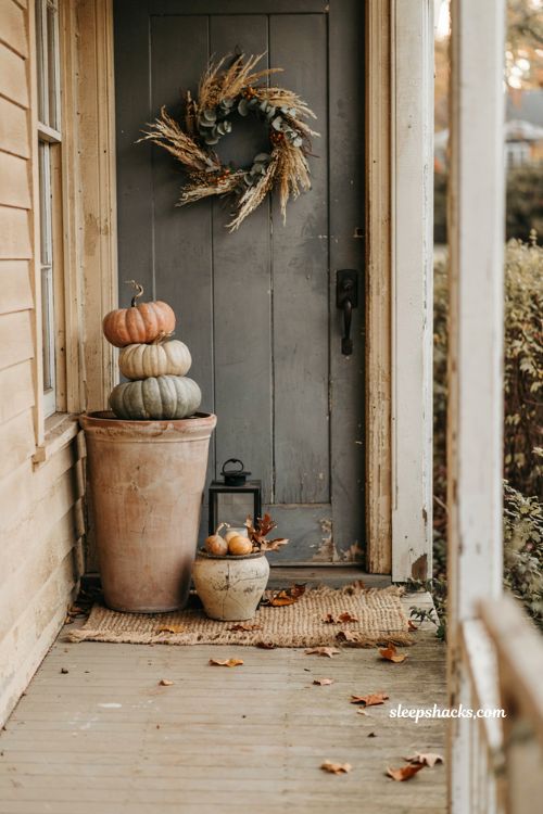 Simple small front porch fall decor with pumpkins in tall planters
