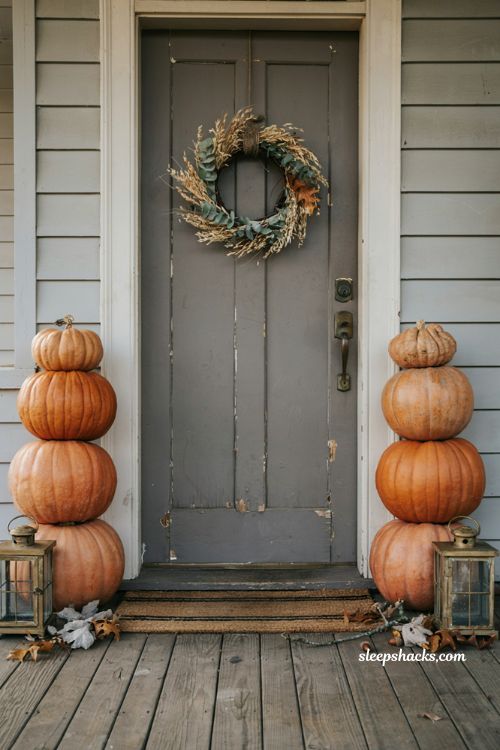 Simple small front porch fall decor with stacked pumpkins by the door