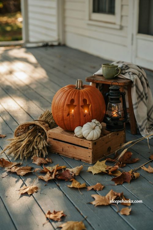 Simple two ghost pumpkin carving idea for a cozy farmhouse Halloween porch