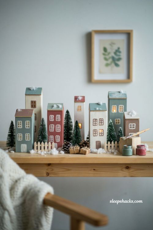 Simple wooden block Christmas village houses with stenciled windows DIY