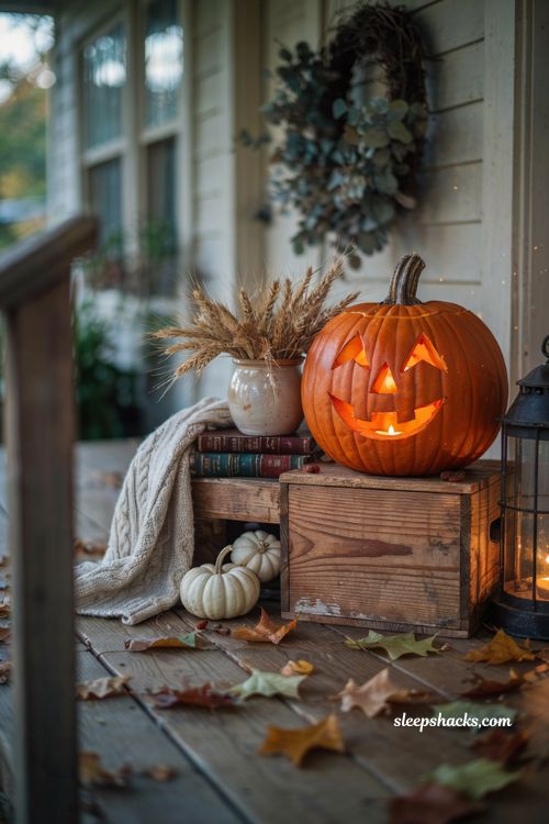 Simple zigzag eyes pumpkin carving idea for a classic farmhouse Halloween porch
