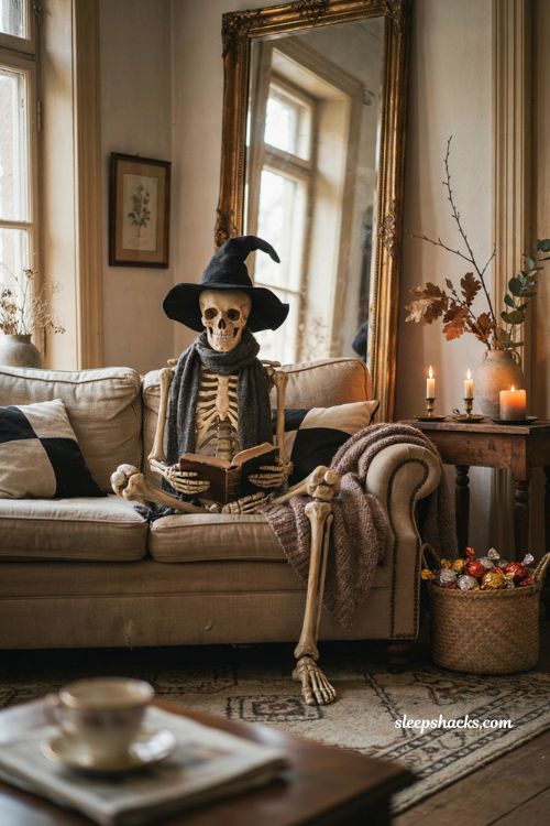 Skeleton Halloween living room decor with witch hat, antique mirror, cozy sofa, and vintage accents 