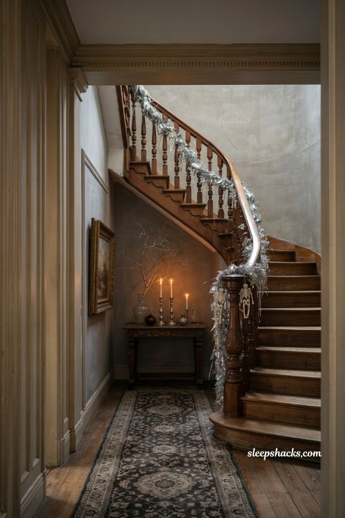 Skeleton and silver tinsel Halloween garland on an elegant stair rail 