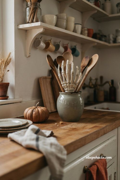 Skeleton hands in a kitchen utensil crock for easy Halloween decor