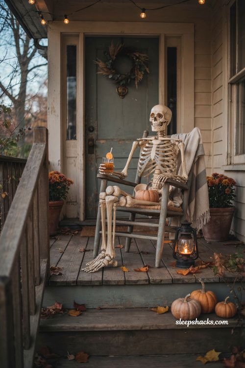 Skeleton lounging in a porch chair with pumpkin for funny Halloween front porch decor