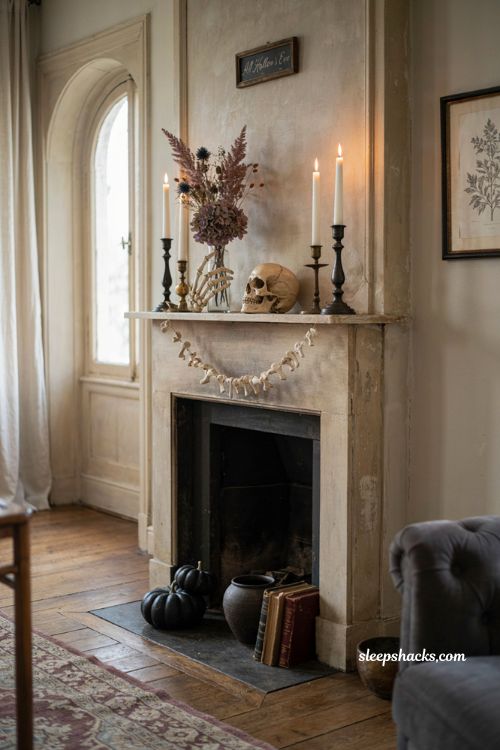Skeleton themed Halloween mantel with skull candles and dried flowers