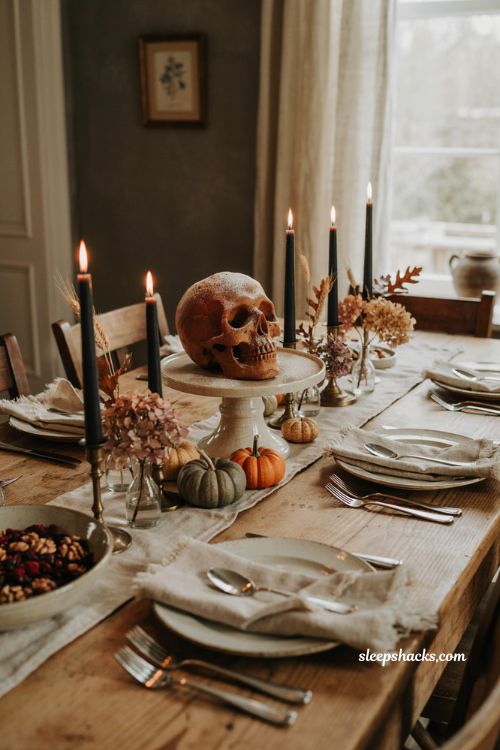 Skull shaped cake on a pedestal stand as a Halloween dining table centerpiece with vintage autumn decor