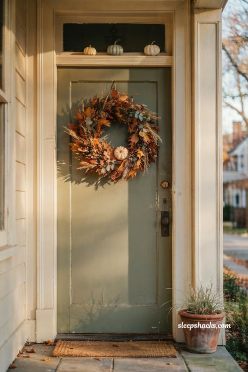 Small front porch fall decor with autumn wreath and pumpkins