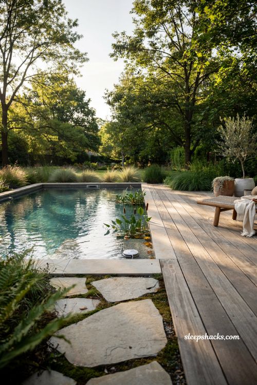 Small natural pool with low maintenance design and peaceful backyard landscaping