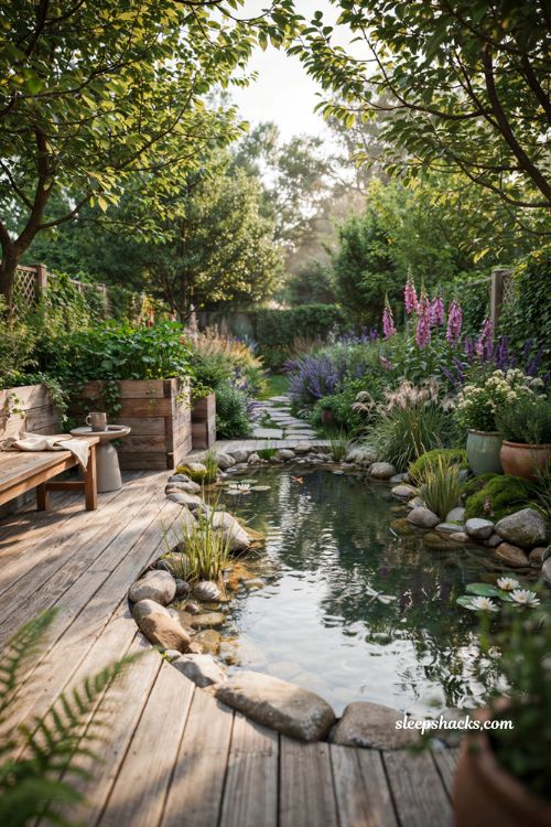 Small natural pool with stone edges and lush backyard landscaping