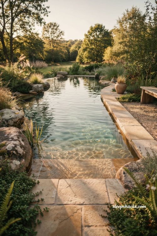 Small natural pool with stone steps blending into a garden landscape