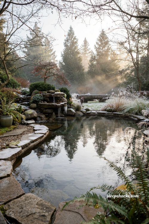 Small natural pool with stone waterfall and year round backyard landscape