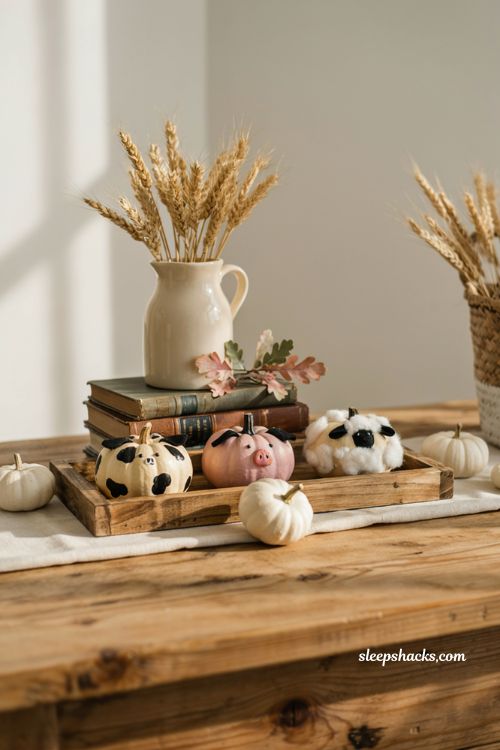 Small pumpkin decorating ideas with barn animal mini pumpkins for cozy farmhouse fall decor