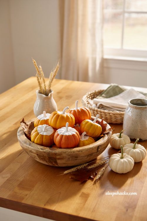 Small pumpkin decorating ideas with candy corn stripe mini pumpkins in a rustic farmhouse bowl centerpiece