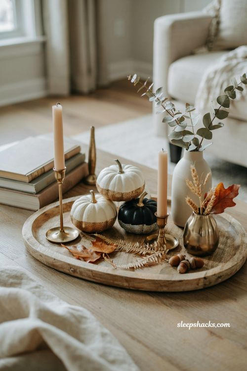 Small pumpkin decorating ideas with elegant mini glitter dip pumpkins for fall home decor