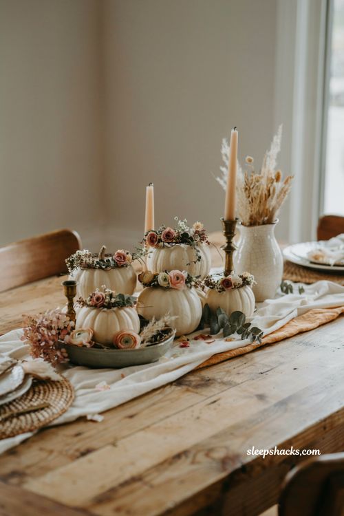 Small pumpkin decorating ideas with flower crown mini pumpkins for romantic farmhouse fall table decor
