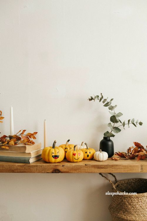 Small pumpkin decorating ideas with hand painted mini emoji pumpkins for playful farmhouse fall decor