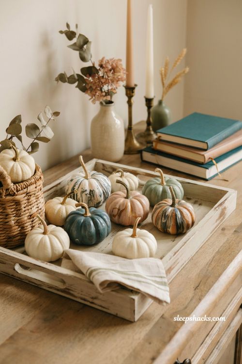 Small pumpkin decorating ideas with marbled nail polish mini pumpkins for artistic farmhouse fall decor