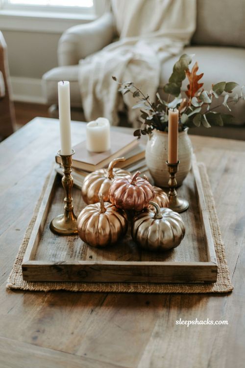Small pumpkin decorating ideas with metallic gold copper and pewter mini pumpkins for elegant fall decor
