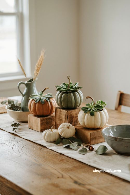 Small pumpkin decorating ideas with mini succulent planter pumpkins for cozy farmhouse fall table decor