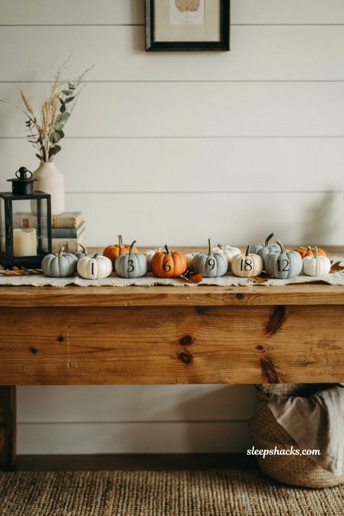 Small pumpkin decorating ideas with numbered mini pumpkin Halloween countdown display for farmhouse decor