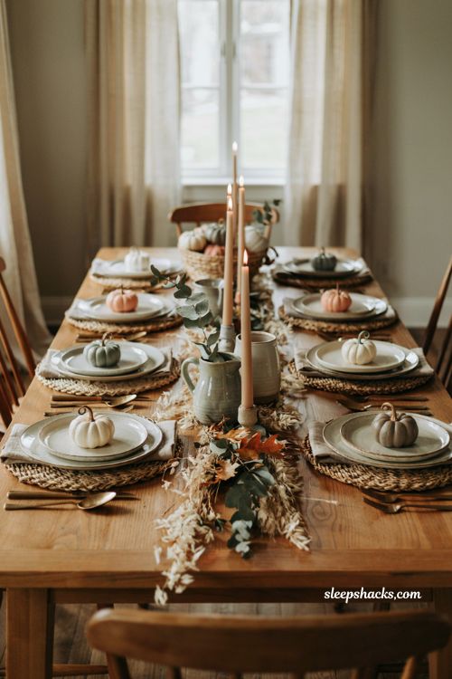 Small pumpkin decorating ideas with personalized place card pumpkins for elegant farmhouse Thanksgiving table decor