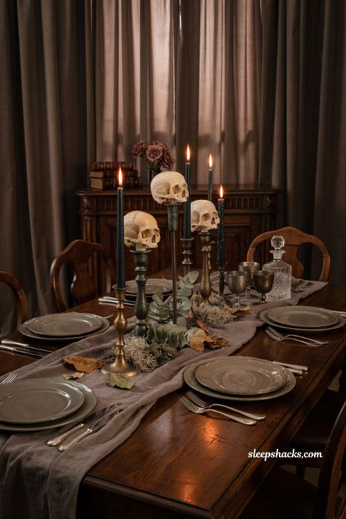 Small skulls elevated on mismatched tall candlesticks with moss and candles for dramatic Halloween table decor