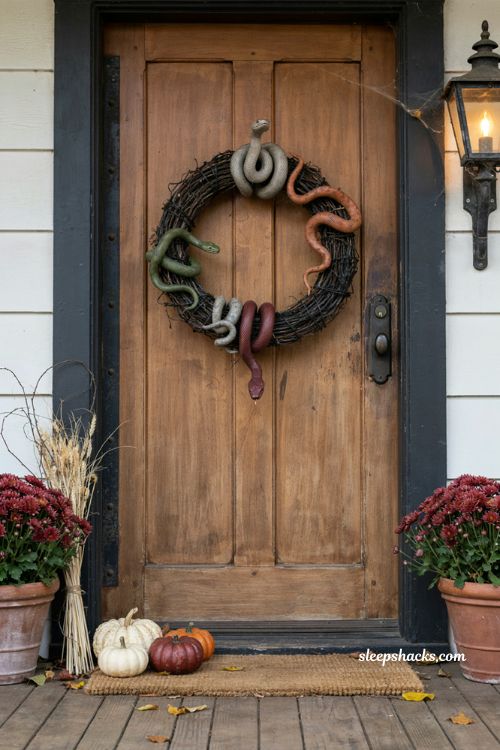 Snake wreath with black grapevine and farmhouse Halloween door decor