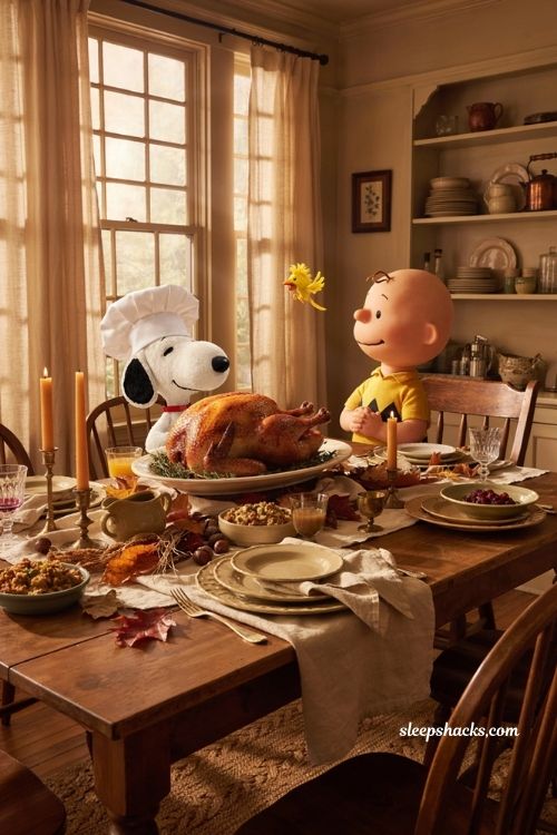 Snoopy Thanksgiving turkey with Charlie Brown and Woodstock warm autumn dining room wallpaper 