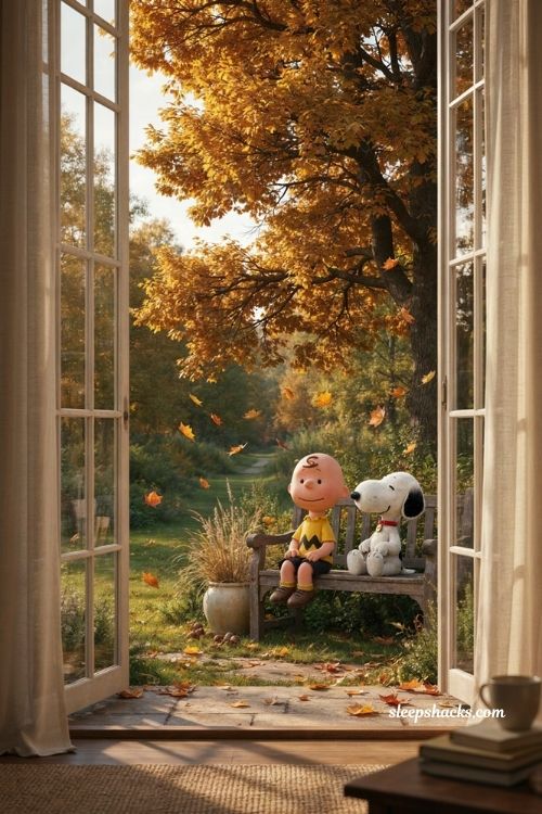Snoopy and Charlie Brown sitting on bench under golden autumn tree fall wallpaper 