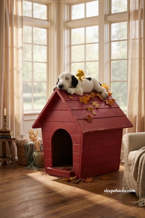 Snoopy and Woodstock on red doghouse with autumn leaves cozy fall wallpaper 