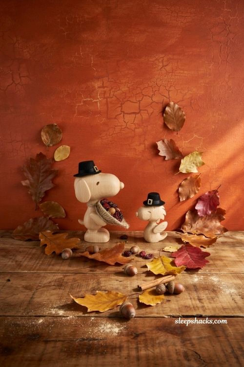 Snoopy and Woodstock pilgrim hats autumn wallpaper with falling leaves in a high-contrast warm orange setting.