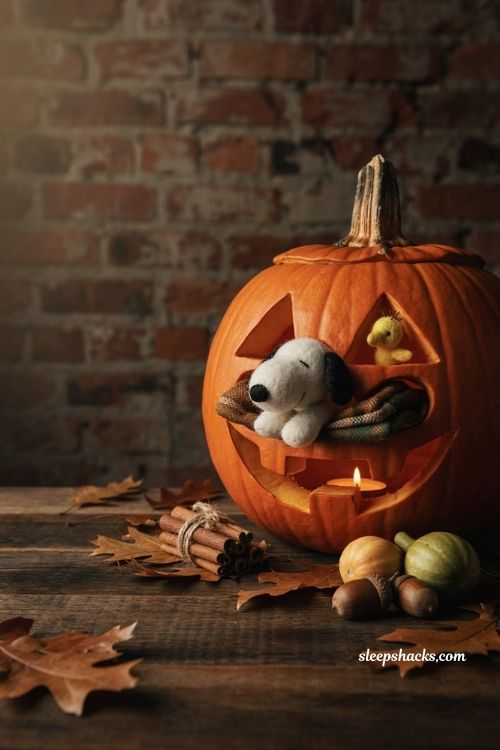 Snoopy curled up inside a carved pumpkin autumn wallpaper on a cozy porch display with warm ambient light