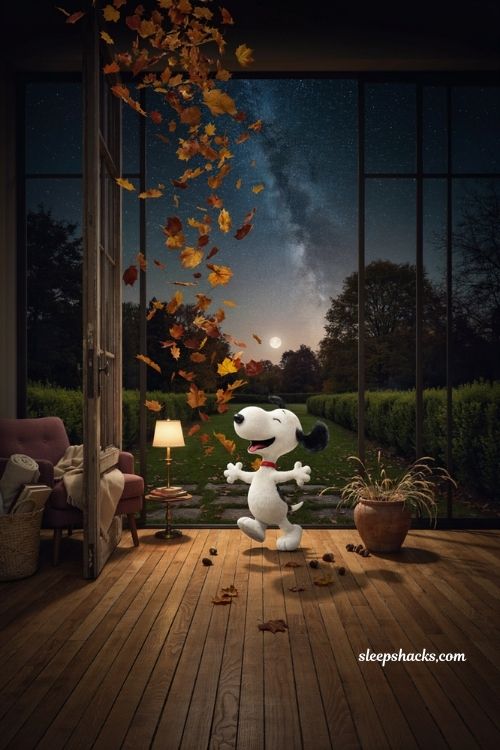 Snoopy dancing under falling autumn leaves starry night cozy fall wallpaper 
