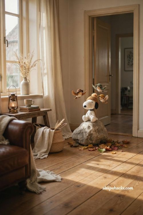 Snoopy fall autumn jumping over leaves bright yellow cozy welcome fall wallpaper 