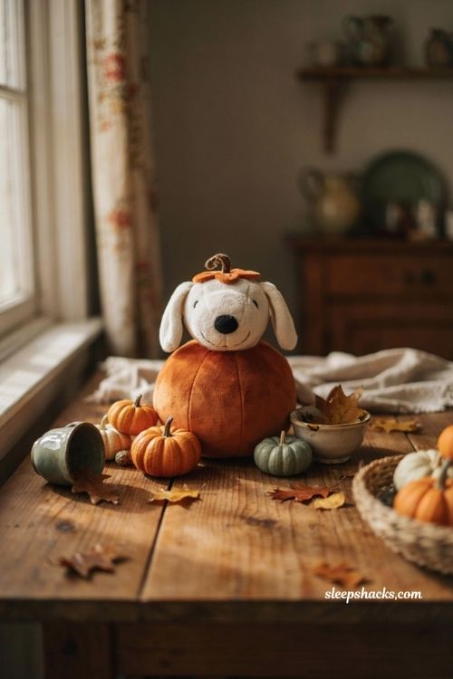 Snoopy running through falling autumn leaves orange fall background