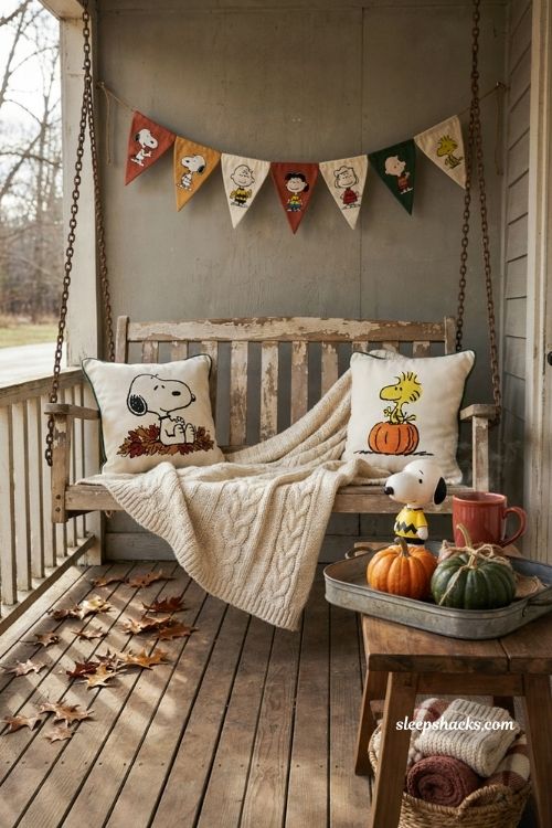 Snoopy fall autumn wallpaper showing a cozy decorated porch corner with warm colors and peanuts characters in a pumpkin patch scene.