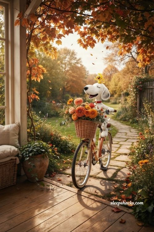 Snoopy riding a bike with Woodstock under autumn tree flowers fall wallpaper 