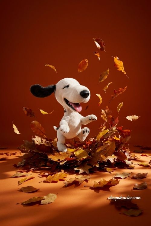 Snoopy sleeping in autumn leaves with Woodstock cozy fall wallpaper