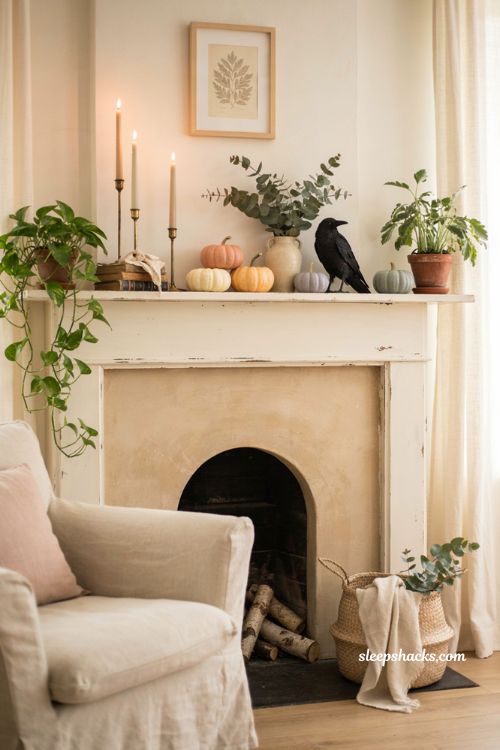 Soft pastel Halloween mantel decor with pumpkins greenery and faux raven