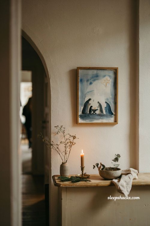 Soft watercolor nativity Christmas painting with blue and gold handmade artwork