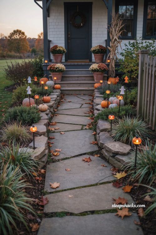 Solar Halloween pathway lights along a farmhouse front walkway