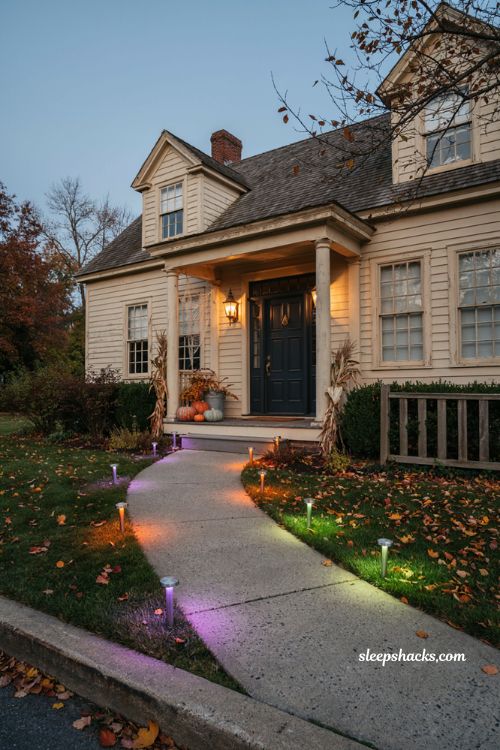 Solar pathway Halloween lighting with purple orange and green glow along a cozy front walk