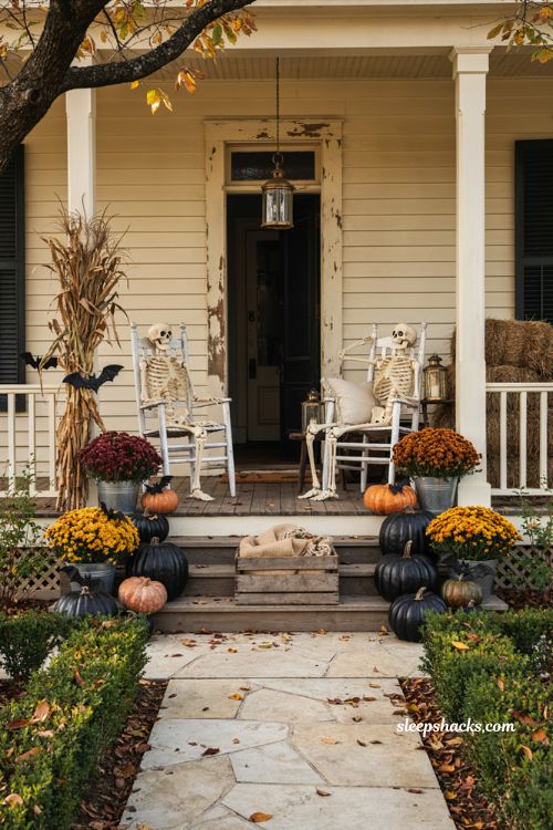 Southern porch Gothic Halloween decor with black pumpkins skeletons mums and cozy fall accents
