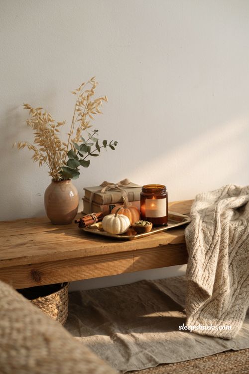 Spicy chai pumpkin candle styling on a cozy farmhouse entryway console with elegant fall decor