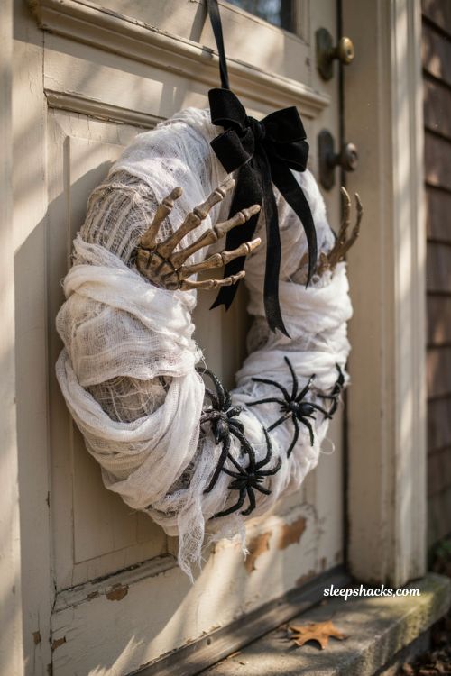 Spider nest wreath gauze spiders skeleton hands Halloween front door decor