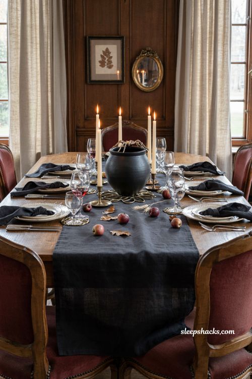 Spider web Halloween table setting with aged brass coasters and black cauldron