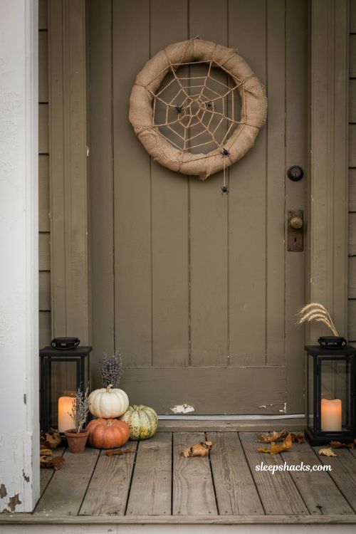 Spider web Halloween wreath with burlap and handmade twine front door decor